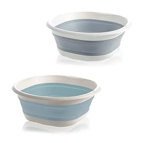 Produktbild: UESDU Zusammenklappbare Runde Waschwanne, 2 Stück Faltbarer Wäschekorb Klappbar Multifunktionale Spülschüssel Blau und Grau Camping Silikonbecken Waschschüssel 32cm für Reisen Zuhause und Küche