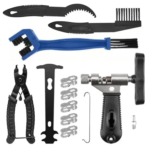 Produktbild: UETSNOR Kettennieter Fahrrad, Fahrradketten Reparatur Set mit 5 Paar Fahrradketten Nieten, Fahrrad Reinigungsbürste, Fahrrad Kettenzange und Kettenschloss Zange, für 6-12 Fach Fahrradkette Werkzeug