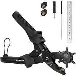 Produktbild: Ueznirn Gürtellochzange Heavy Duty Revolverlochzange Hebelübersetzung Lochzange Gürtel - Leder Locher mit 2 Extra Punch Platten, Lineal, Schleifstab, Kunsthandwerk, Karte, Gummi