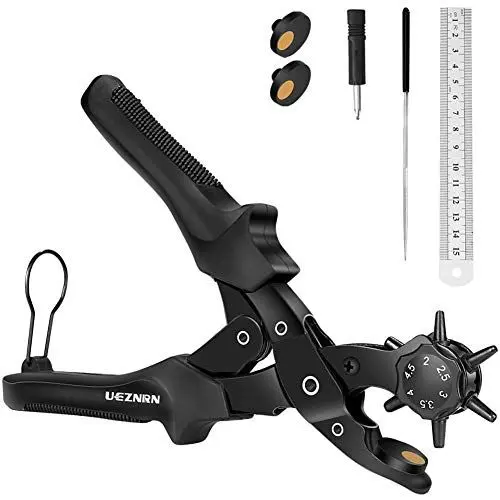 Produktbild: Ueznirn Gürtellochzange Heavy Duty Revolverlochzange Hebelübersetzung Lochzange Gürtel - Leder Locher mit 2 Extra Punch Platten, Lineal, Schleifstab, Kunsthandwerk, Karte, Gummi