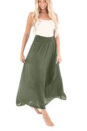 Produktbild: U&F Damen Maxi-Rock mit hohem Gummibund | S-XL I Rock für Frühling & Sommer | für die Schwangerschaft | Knöchellanger Faltenrock oder Maxirock | Sommerrock für den Strand | Militare Größe L
