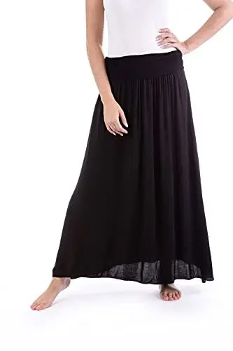 Produktbild: U&F Damen Maxi-Rock mit hohem Gummibund | S-XL I Rock für Frühling & Sommer | für die Schwangerschaft | Knöchellanger Faltenrock oder Maxirock | Sommerrock für den Strand | Schwarz Größe M