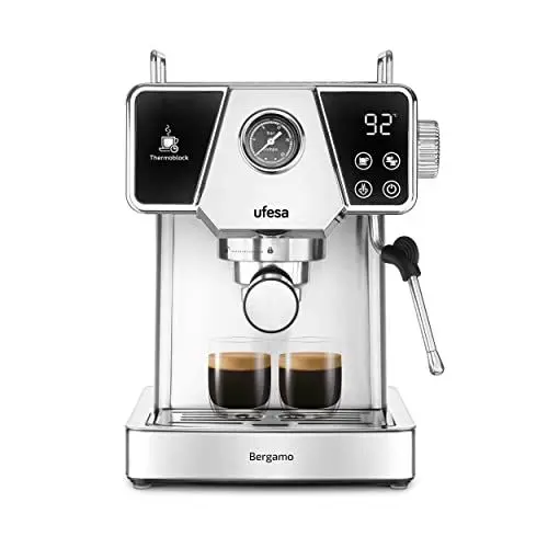 Produktbild: Ufesa Bergamo, Espressomaschine und Cappuccino, Touchscreen, Druck 20 bar, 1350 W, Thermoblock-System, verstellbarer Verdampfer, gemahlener Kaffee, Tank 1,8 l, automatische Abschaltung Stahl