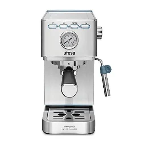 Produktbild: Ufesa CE8030 Milazzo Expresso- und Cappuccino-Kaffeemaschine mit Manometer, 20 Bars, 1350W, Thermoblock-System, Einstellbarer Dampfgarer, 2 Modi: Gemahlener Kaffee oder Pad, 1.4L Tank, 1 oder 2 Kaffee