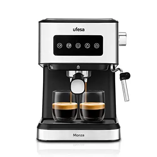 Produktbild: Ufesa Monza Espresso and Cappuccino Coffee Machine with 20 Bar Pressure, Digital Touch Panel, Swivel Steam Nozzle, for Ground Coffee or E.S.E. Pads, Cup Warmer Function, 1050 W, 1.5 L Water Tank