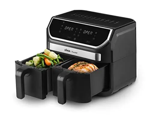 Produktbild: Ufesa Thunder Heißluftfritteuse 2 Kammern, 11 Programme, 9 Liter, 2 große Frittierfächer, 2 unabhängige Garzonen, 1700W, digitale Steuerung, Antihaftbeschichtung, Amazon-Exklusiv