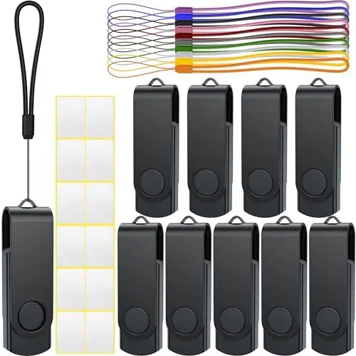 Produktbild: Uflatek 8GB USB Stick Flash Laufwerk USB 2.0 Memory Stick 10 Stück Metall Flash Drive Rotate Speicherstick Schwarz Thumb Drive Externer Datenspeicher mit Lanyard