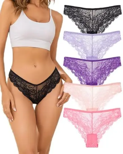 Produktbild: UGDUCK 5er Pack Damen Spitze Unterhosen Sexy Dessous Thong Frauen Atmungsaktiv Slips Unterwäsche Bequem Unterkleidung Weich Bikini Panties Damen Tanga Spitze Slips S-XL