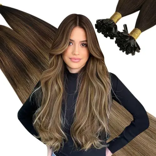 Produktbild: Ugeat Remy Echthaar Extensions Bondings Echthaar Braun Blond Echthaar Keratin Bondings Mittelbraun Ombre Dunkelblond Extensions Echthaar U Tip 55cm Natürlich 50 Strähnchen 50G