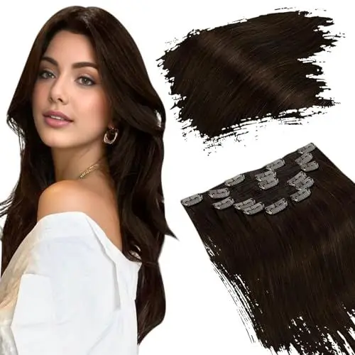 Produktbild: Ugeat Clip Extensions Echthaar Braun Remy Echthaar Extensions Clip in Dunkelbraun Haarverlängerung Echthaar Clip Braun Glatt Doppelt Tressen 7 Stück 105g 35cm