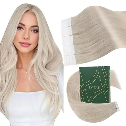 Produktbild: Ugeat Invisible Tape Extensions Echthaar Blond Weich 35 cm Echthaar Extensions Tape Extensions Platinblond Extensions Echthaar Tape für Reisen 40g #60A 20 Stück