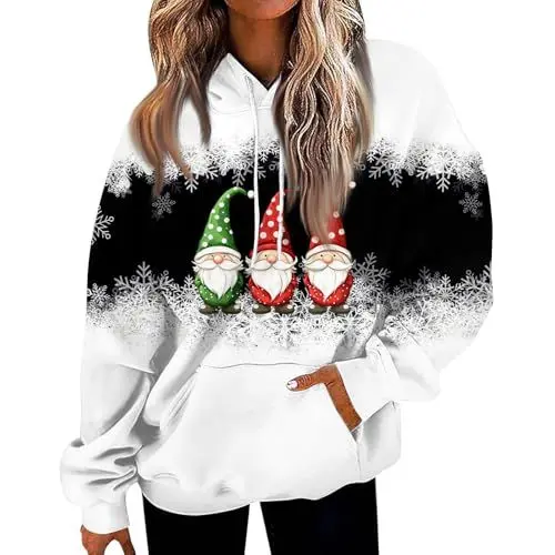 Produktbild: Ugly Christmas Sweater Weihnachtspullover Lustig Pullover Damenen Soft Baumwolle Pullover Mit Taschen Langärmelige Worker Bedruckte Pullover Damen Cool Stil Christmas Kapuze Weiß