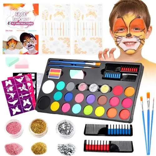 Produktbild: Ugmic Kinderschminke Set, 20 Farben Wasserbasis,38Pcs Ungiftige Kinderschminke,Haarkreiden Pinsel Körperfarben Kinderschminke Set Mädchen für Halloween Karneval Make-up Face Paint