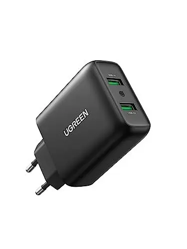 Produktbild: UGREEN 18W+18W USB Ladegerät Schnellladegerät Quick Charge 3.0 2 Port Ladeadapter USB Netzteil kompatibel mit Galaxy S10 S9 S8 A53 A51 A50 A40 A20 M20, Xperia 10, Redmi Note 10, Huawei P30 lite usw