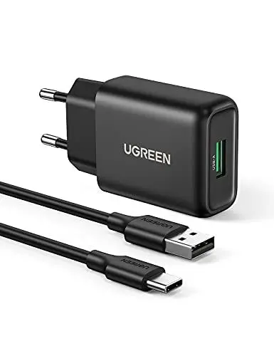 Produktbild: UGREEN 18W USB Ladegerät 3A Quick Charge 3.0 Schnellladegerät USB Netzteil mit USB C Ladekabel kompatibel mit Galaxy S10 S9 S8 S7 A20 A21 A51 A40, Xperia 10 II, Redmi Note 10, P20 lite usw