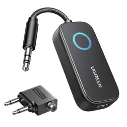Produktbild: UGREEN Flugzeug Bluetooth 5.2 Sender mit Extra Dual 3.5 mm AUX Adapter, Bluetooth Adapter für Zwei Kopfhörer, wie Airpods, 2 in 1 Bluetooth Transmitter Empfänger Kompatibel mit TV, Stereoanlage