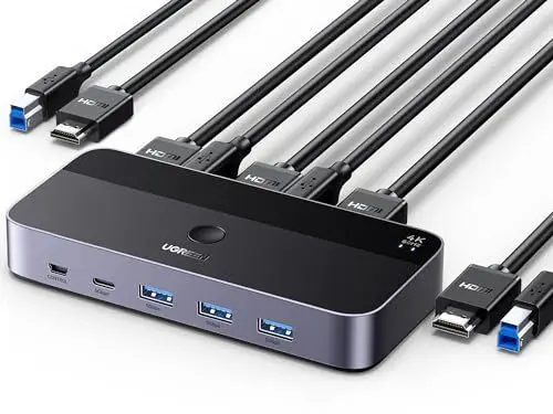 Produktbild: UGREEN HDMI 2.0 KVM Switch 4K@60Hz USB 3.0 Switch 4 USB Ports (3*USB 3.0+ USB C) Sharing 1 Monitor und Tastatur, Maus, Drucker, U disk für 2 PC mit 2 USB Kabeln und 2 HDMI Kabeln.