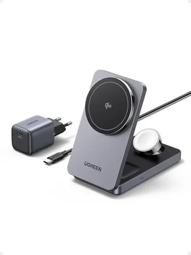 Produktbild: UGREEN MagFlow Qi2 zertifizierte 15W iPhone Ladestation, 3 in 1 Wireless Charger kompatibel mit MagSafe, für iPhone 16,16 Pro, AirPods, Smartwatch, Faltbarer magnetischer Ständer mit 30W Ladegerät
