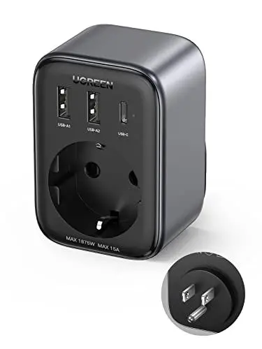 Produktbild: UGREEN Nexode Reiseadapter USA 30W Adapter USA Deutschland Stecker mit USB C Schnellladung 4-in-1 Reisestecker GaN für Kanada, Kolumbien, Thailand, Brasilien, kompatibel mit iPhone 15 Pro Max/Pro/15