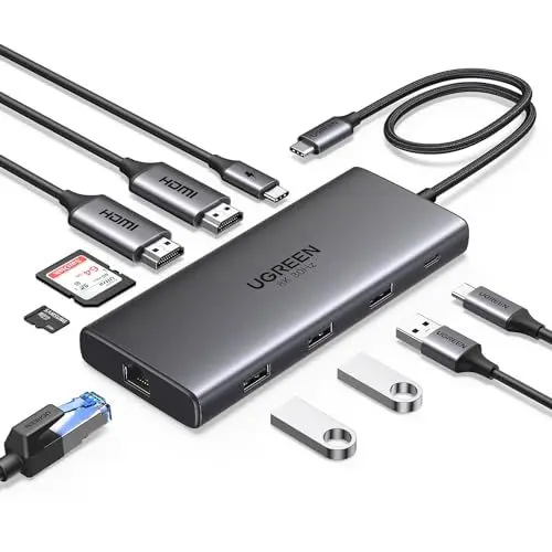 Produktbild: UGREEN Revodok Pro 210 USB C Docking Station Dual HDMI 10 IN 1 USB C Hub 2 HDMI, Gigabit Ethernet, 4X USB C/USB A Ports, PD 100W Schnellladen, SD/TF Kartenleser
