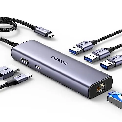 Produktbild: UGREEN Revodok 1061 USB C Hub Ethernet, 4K HDMI, PD100W, 3*USB A 3.0 Docking Station kompatibel mit iPhone 16, MacBook Pro M4, Mac mini M4, iPad, Surface, Galaxy S24, Steam Deck usw.