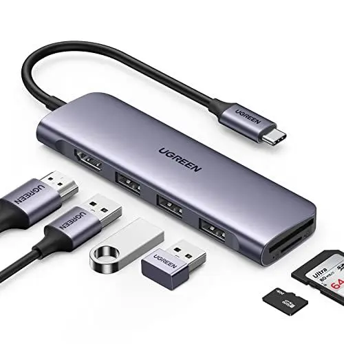 Produktbild: UGREEN Revodok USB C Hub 6 in 1 USB C Adapter mit 4K HDMI, SD/TF Kartenleser, USB A 3.0 Ports kompatibel mit iPhone 15/15 Pro, MacBook Pro/Air, iPad, Surface, Galaxy S24, Rog Ally usw. (Grau)