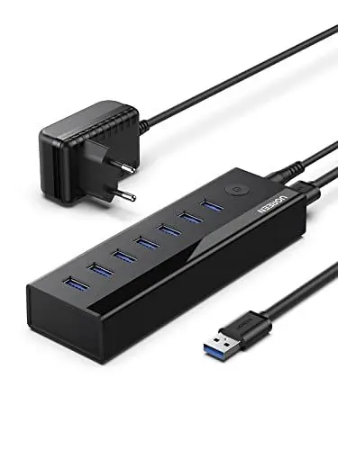 Produktbild: UGREEN USB Hub Aktiv 3.0 mit Netzteil USB Adapter 7 Ports mit DC 5V/ 2A Netzteil USB Splitter zur Ladung und Datenübertragung kompatibel mit MacBook, PC und Anderen Laptops mit USB A Anschluss