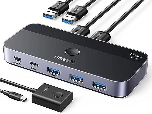 Produktbild: UGREEN USB Switch 2PC mit 1xUSB C Port und 3xUSB A Ports, 2 In 4 Out USB 3.0 Switcher Alugehäuse mit Desktop-Kontroller, 2 USB A auf A Kabeln für Tastatur, Maus, Drucker, Scanner, USB Stick usw.