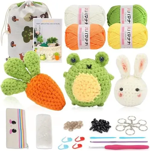 Produktbild: UHAPEER Häckel set Anfänger, Kaninchen Karotte Frosch Häkelsets, Häkelhaken Strickset mit Schritt-für-Schritt-Anleitungsvideo, Anweisungen, Tasche, Hakelnadelsets mit Wolle und Strickzubehör