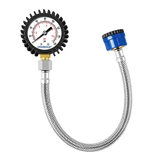 Produktbild: Uharbour Manometer Wasser Wasserdruckmesser 0-11Bar mit 160Psi Dual Scale 3/4BSP auf 1/2BSP, Buttom Mount, wasserdruckmesser mit Gummischutz, Schwarz