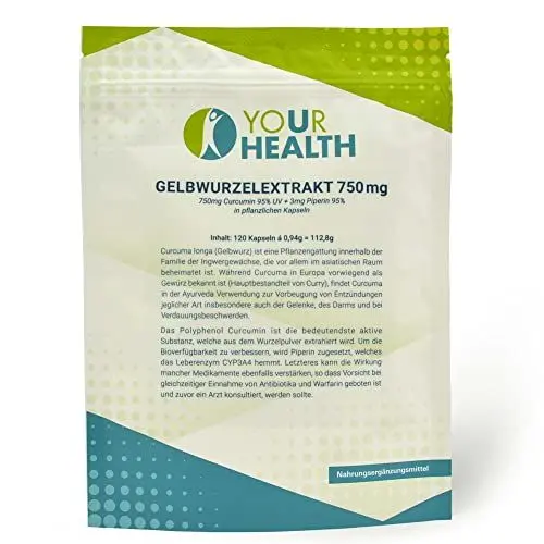 Produktbild: Gelbwurzelextrakt 750 mg - 120 Kapseln, Curcuma Longa - Kurkuma Kapseln vegan und frei von Farb- und Konservierungsstoffen