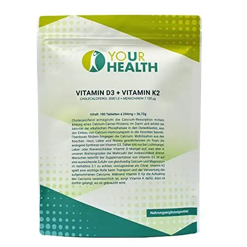 Produktbild: Vitamin D3 (5000 I.E.) + VITAMIN K2 (100µg), Cholecalciferol, Menachinon7 MK7-180 Tabletten