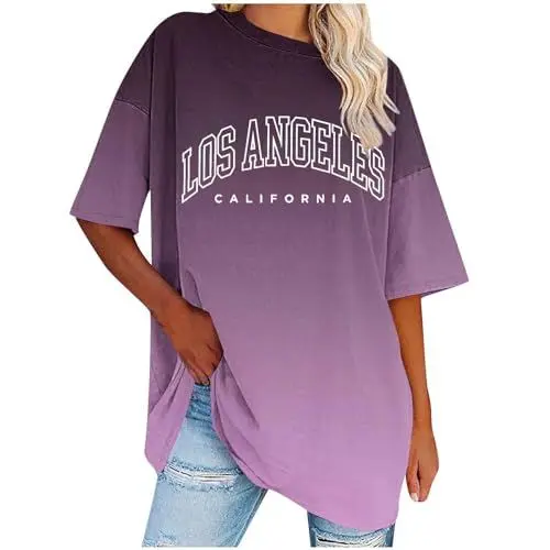 Produktbild: UHouse Sale Damen Shirt Lose Grafik Blusen & Tuniken Fashion Los Angeles Baumwolle Tuniken Frau Blusenshirt Sommer Mode Motiv Bluse Frauen Rundhals Basic Blusen Sale Angebote Lila 4XL
