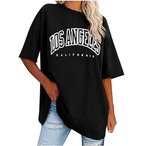 Produktbild: UHouse Meine Bestellungen Anzeigen Damen Shirts Mode Motiv Tshirt Lässig Los Angeles Baumwolle Oberteil Frau Bluse Basic Fashion Motiv Oberteile Rundhals Elegant Tops Gutscheine Schwarz L