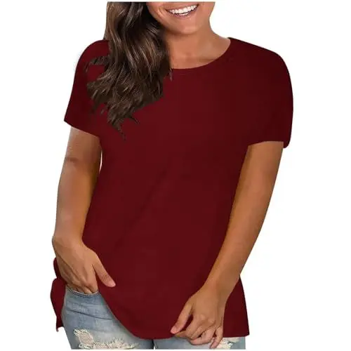 Produktbild: UHouse Damen Sale Angebote Damen Tshirt Basic Einfarbig T-Shirts Elegant Baumwolle Bekleidung Frauen Shirts Lose Einfarbig Longshirt Frau Rundhals Retro Warehouse Deals Angebote Wein 4XL