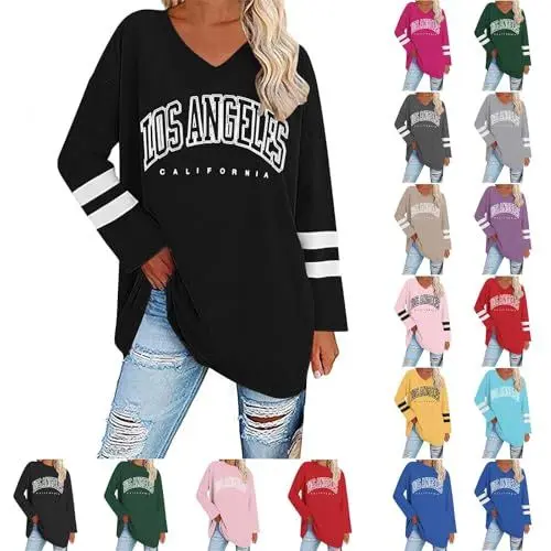 Produktbild: UHouse Damen Tshirt Langarm Oversize Langarmshirt Locker T-Shirt Lang Herbst Longshirt Elegante Tunika Lässig Los Angeles Oberteile Casual Longsleeve Streetwear Schwarz XXL