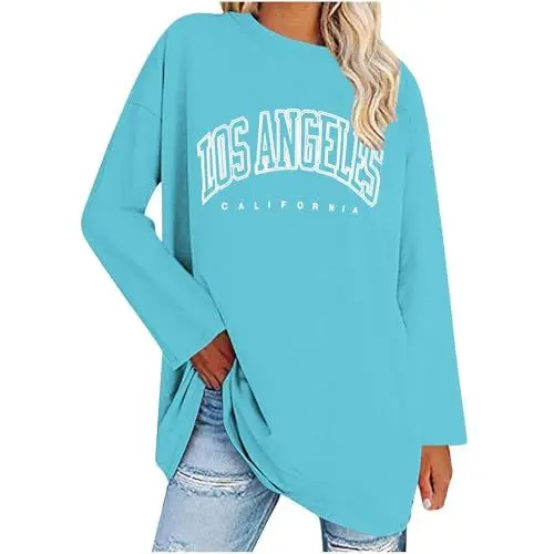 Produktbild: UHouse Damen Tshirt Langarm T-Shirt Angebote Basic Longshirt Elegant Tunika Freizeit Los Angeles Oberteile Herbst Langarmshirt Casual Longsleeve Leichte Longsleeve Sale Angebote Himmelblau L