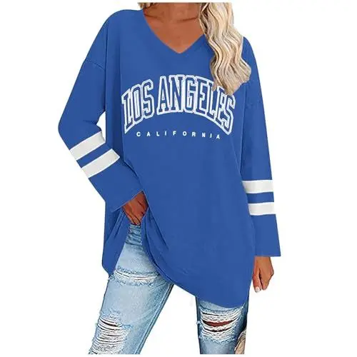 Produktbild: UHouse Damen Tshirt Langarm T-Shirt Warehouse Deal Basic Longshirt Elegant Tunika Freizeit Los Angeles Oberteile Herbst Langarmshirt Casual Longsleeve Leichte Longsleeve Sale Angebote Blau XXL