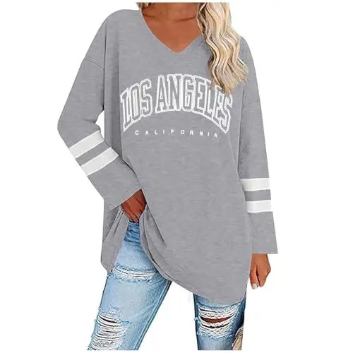 Produktbild: UHouse Damen Tshirt Langarm T-Shirt Warehouse Deal Basic Longshirt Elegant Tunika Freizeit Los Angeles Oberteile Herbst Langarmshirt Casual Longsleeve Leichte Longsleeve Warehouse Deal Grau M