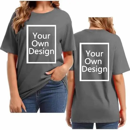 Produktbild: UHouse Damen Tshirt Personalisierte T Shirt Bedrucken T-Shirt Selbst Gestalten Oberteile Elegant Oversize Shirt mit Aufdruck Basic Longshirt Leichte Sommershirt Warehouse Deals Angebote Grau XL
