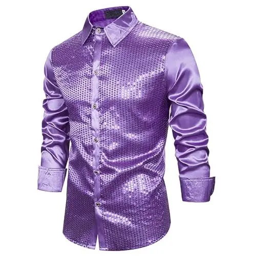 Produktbild: UHouse Hemd Herren Glitzer Herrenhemden Party Disco Outfit Baumwolle Pailletten Shirt Langarm Glitzerhemd Gold Karneval Kostüm Party-Shirt Silber Glänzend Stehkragenhemd Warehouse Deal Lila XL