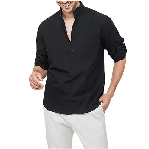 Produktbild: UHouse Hemd Herren Langarm Hemden Sale Freizeit Herrenhemd Mode Baumwolle Freizeithemd Leichte Sommerhemd Einfarbige Langarmshirt mit Knopfleiste Henley Shirt Sale Angebote Schwarz M