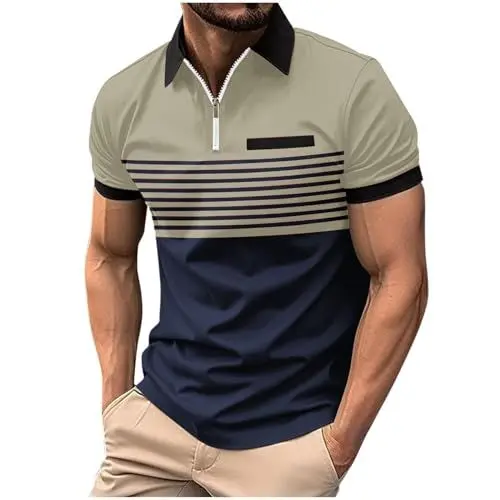 Produktbild: UHouse Herren Poloshirt Kurzarm Angebote Golfshirt mit Knopfleiste Polo-Shirt Leichte Oberteile Männer Stehkragen Tee Top Golf T Shirt Freizeit T-Shirt Gestreiftes Tshirt Sale Khaki XL