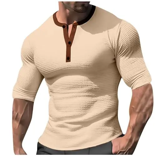 Produktbild: UHouse Herren Tshirt Baumwolle Henley Shirt Basic Shirt Sommer T Shirt mit Knopfleiste T Shirt Sport Tee Shirt Freizeit Muskelshirt Kurzarm Casual Tshirts Lässig T Shirt Meine Bestellungen Beige XL