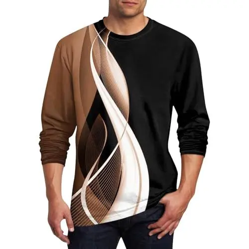 Produktbild: UHouse Herren Tshirt Freizeit Langarmshirt Oversize T-Shirt Mode Y2k Longsleeve Bunte Print Shirt Lässig Lang Arm T Shirt Regular Fit Tee Tops Longshirt Leichte Dünne Pullover Blitzangebote Braun M