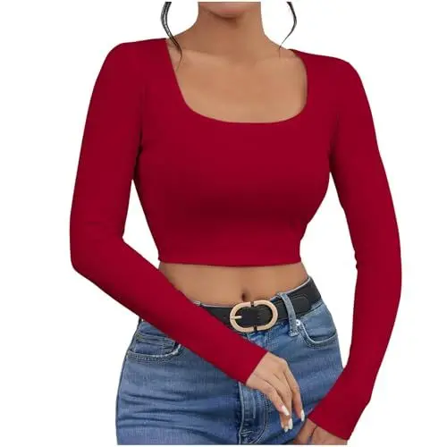 Produktbild: UHouse Langarmshirt Damen Crop Top Langarm T-Shirt U-Ausschnitt T Shirt Sexy Tshirt Stretch Oberteil Elegant Longsleeve Bauchfreie Oberteile Slim Fit Tee Shirt Y2k Bluse Angebote Wassermelone Rot M