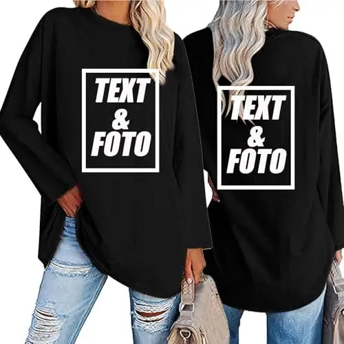Produktbild: UHouse Langarmshirt Damen Personalisiert Oversize Longshirt mit Foto Bedrucken Lassen Tshirt Langarm Rundhals T-Shirt Lang Oberteile Herbst Casual Longsleeve Schwarz S