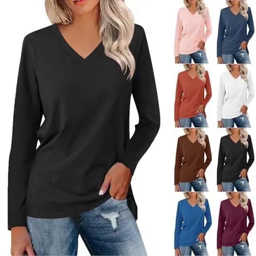 Produktbild: UHouse Langarmshirt Damen Tshirt Langarm Elegante Oberteile Basic Longshirt V-Ausschnit T-Shirt Baumwolle Tunika Große Größen Bluse Elegant Damen-Oberteile Longsleeve Warehouse Deal Schwarz M