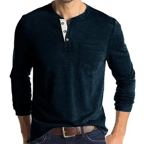 Produktbild: UHouse Langarmshirt Herren Baumwolle Henley Shirt Langarm Poloshirt Bequeme Pullover mit Knopfleiste Basic Sweatshirt Lässig Longsleeve Polohemd Casual Strickpullover Deals Dunkelblau M