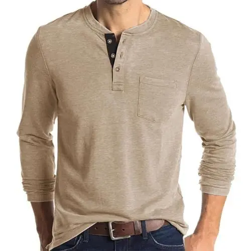 Produktbild: UHouse Langarmshirt Herren Baumwolle Henley Shirt Langarm Poloshirt Bequeme Pullover mit Knopfleiste Basic Sweatshirt Lässig Longsleeve Polohemd Casual Strickpullover Sale Aprikose XL